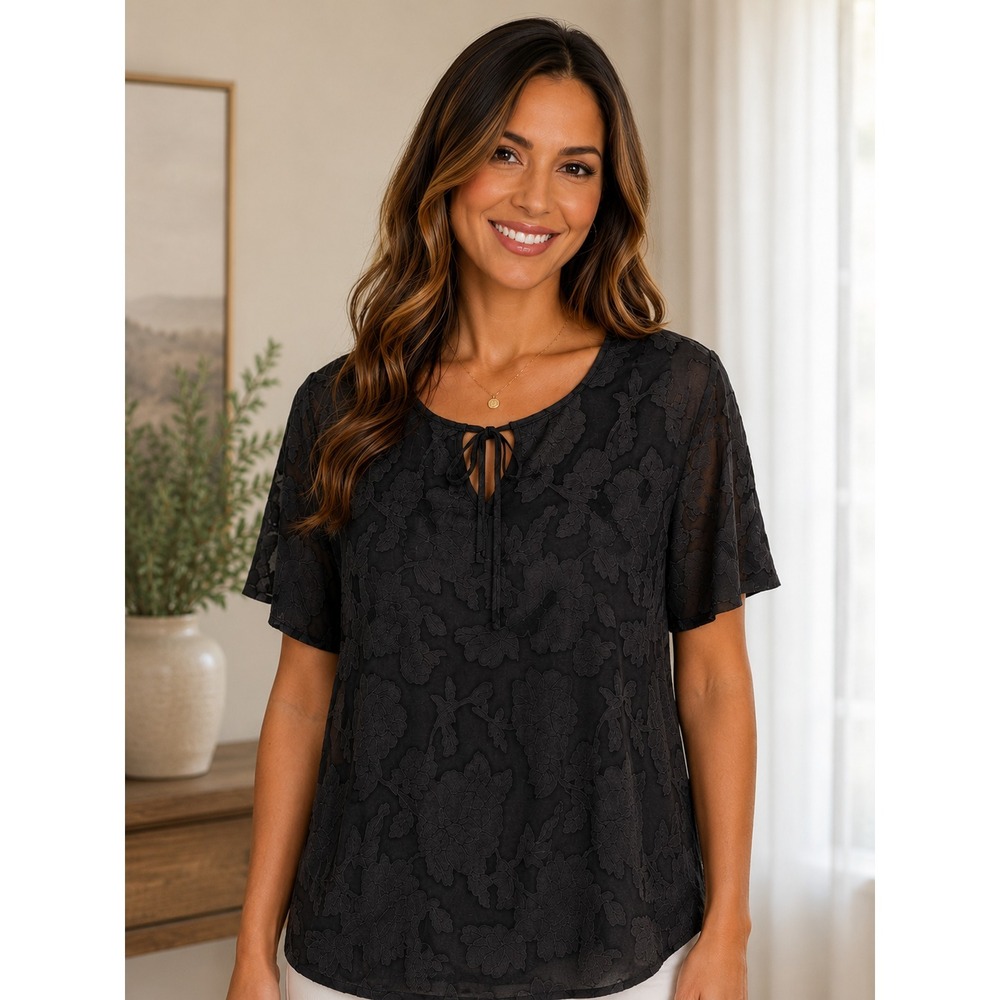 Modern Attraction Black Floral Burnout Sheer Jacquard Blouse Women Medium